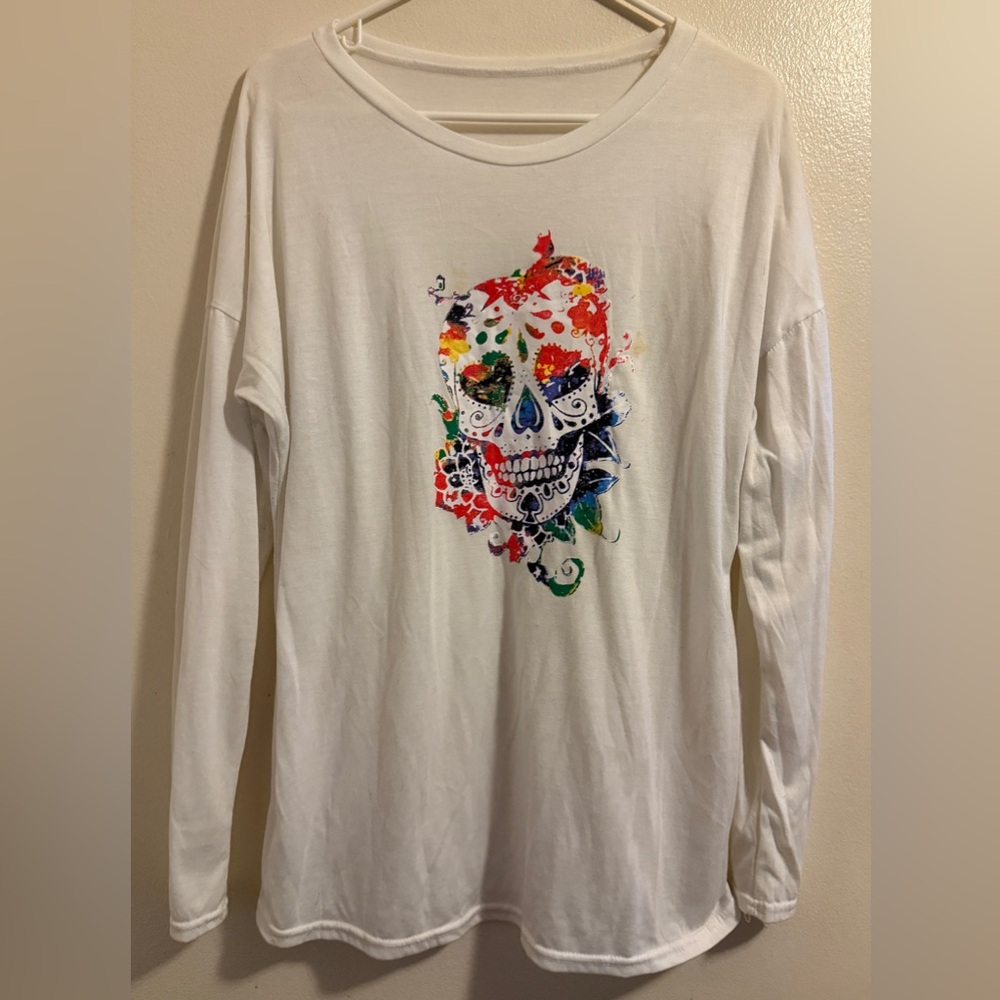 White Long Sleeve Shirt with Colorful Skull Design Size XL